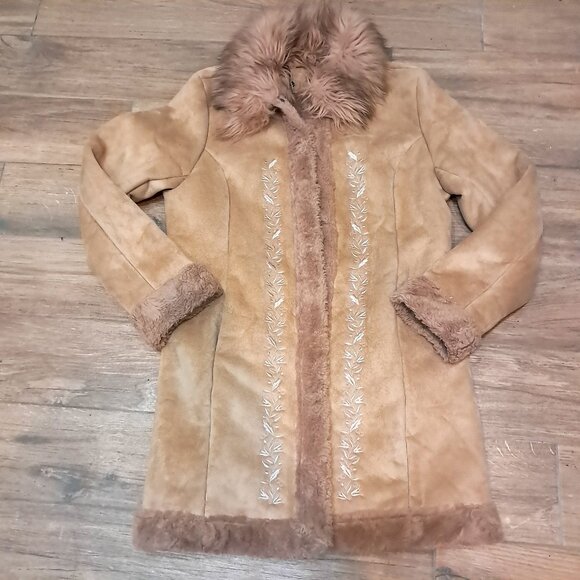 Vintage Route 66 Penny Lane Coat Medium Large Faux Fur Y2K 90s Embroidered tan